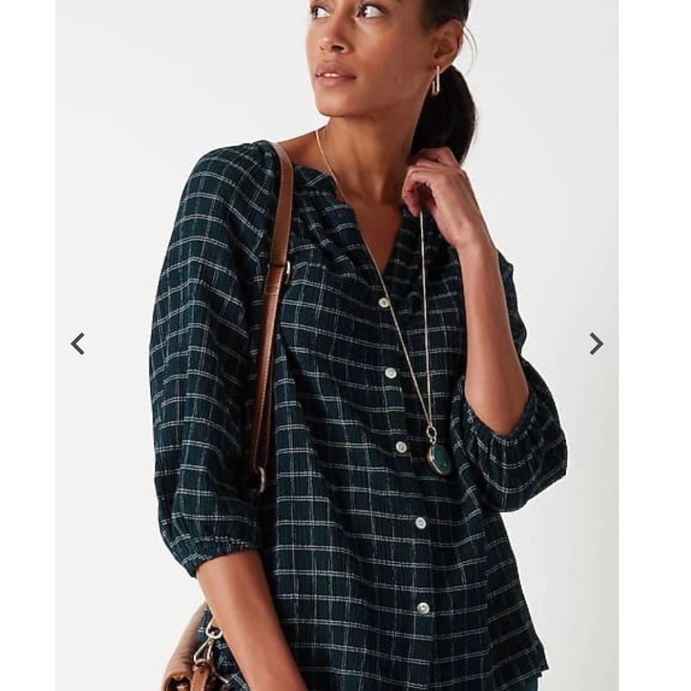 J.Jill Crinkled Plaid Relaxed Top Evergreen Size XSP NWT - Picture 2 of 10